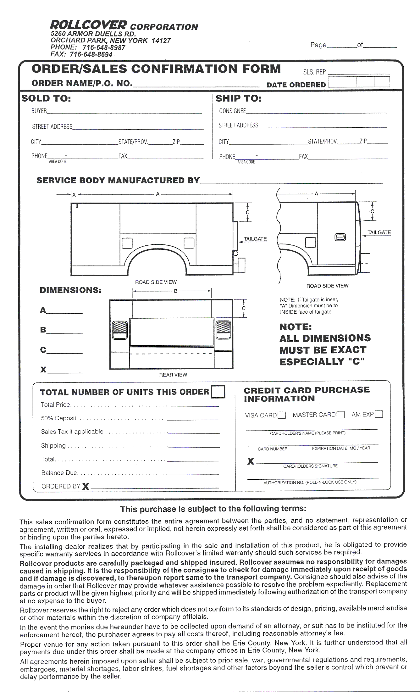 Rollcover Utility Body Bed Cover Order Form